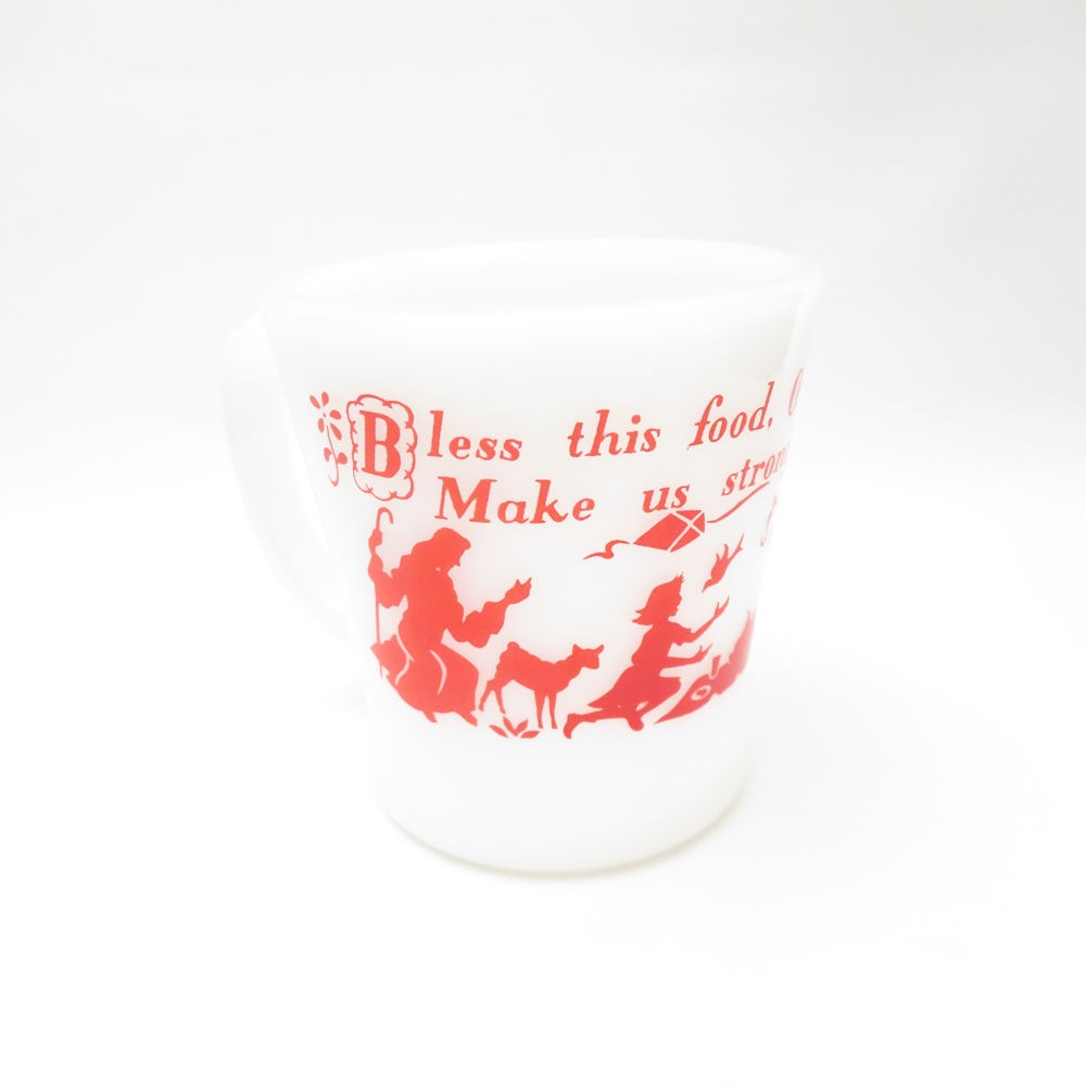 美品 Fire-King ファイヤーキング Bless this food... マグカップ Dハンドル グラス コップ USAヴィンテージ SU13365T2 【中古】