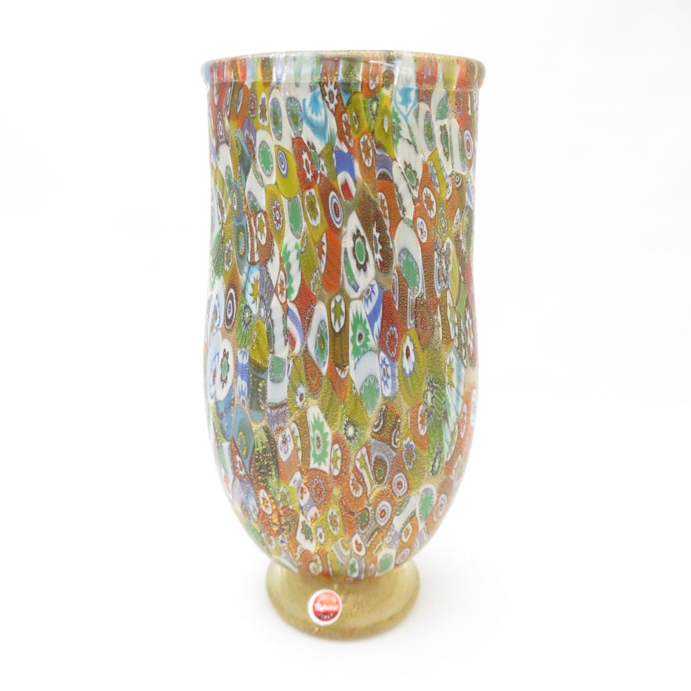美品 Murano Glass ムラーノ ガラス ミルフィオリ ベース フラワー 花びん 花瓶 SY13551V2 【中古】