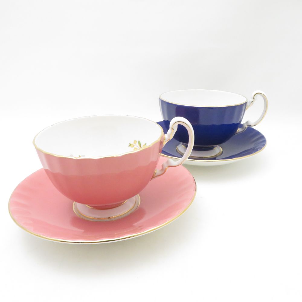 Aynsley エインズレイ コテージガーデン ティーカップ＆ソーサー 2客 セット ピンク＆コバルト 鳥 蝶 SC9650B1 【中古】