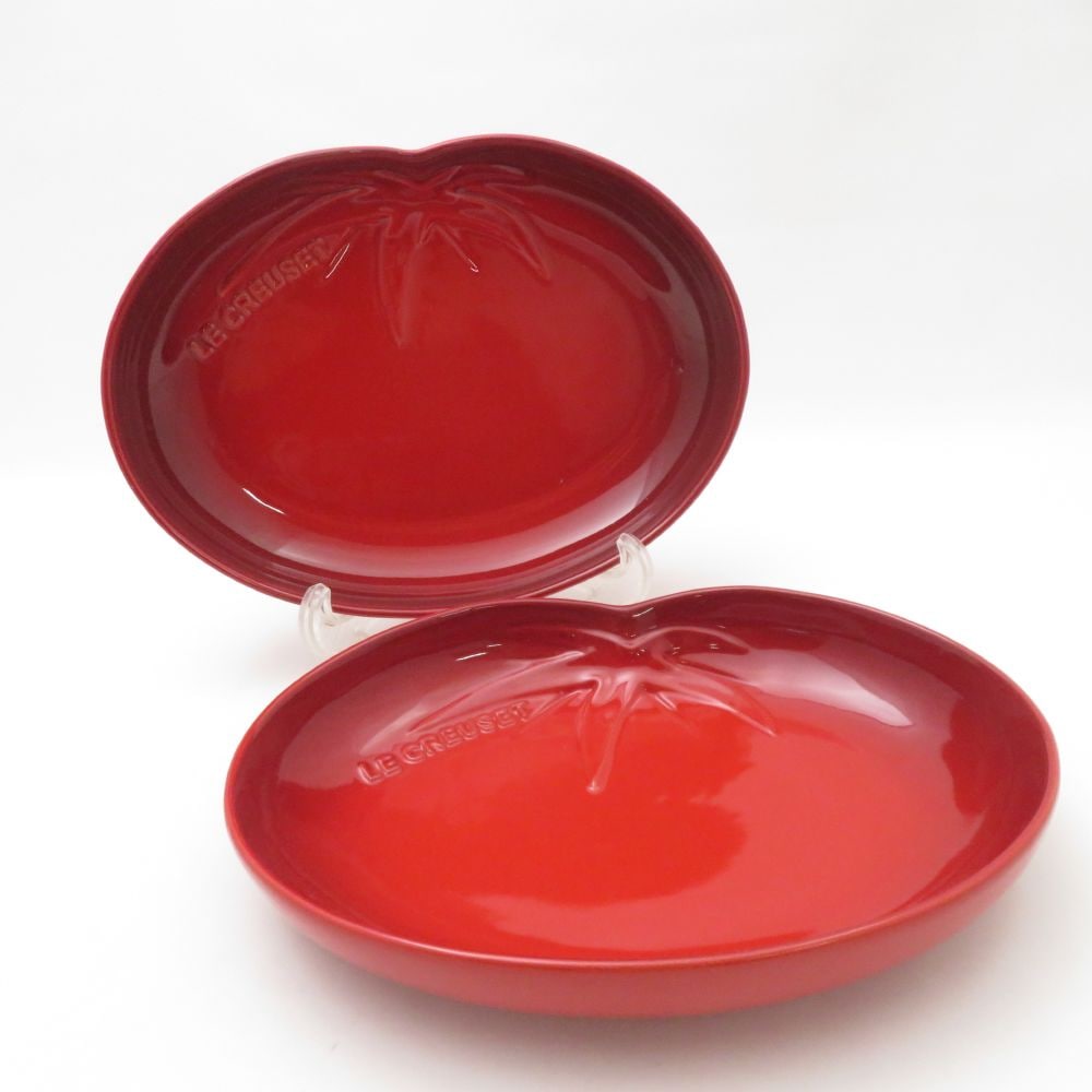 Le Creuset ルクルーゼ トマト型 皿 2枚 ペア 23cmプレート 変形皿 オーバル SY13481B1 【中古】