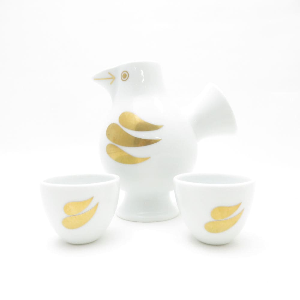Lisa Larson リサラーソン おさけとり 金 3点 セット 酒器 徳利 おちょこ 波佐見焼 北欧 SU13465H2 【中古】
