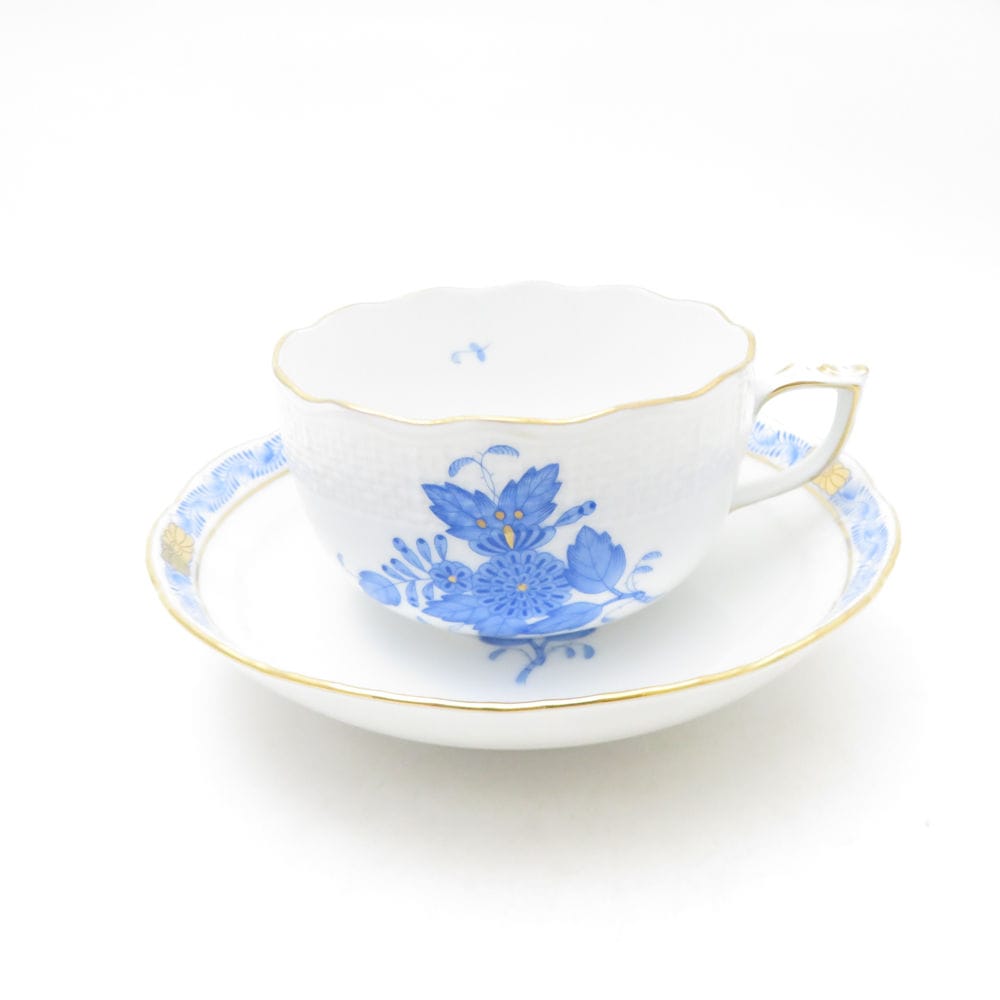 美品 Herend ヘレンド アポニーブルー AB 704 ティーカップ＆ソーサー 碗皿 金彩 青 花 フラワー テーブルウェア SU13486K2 【中古】