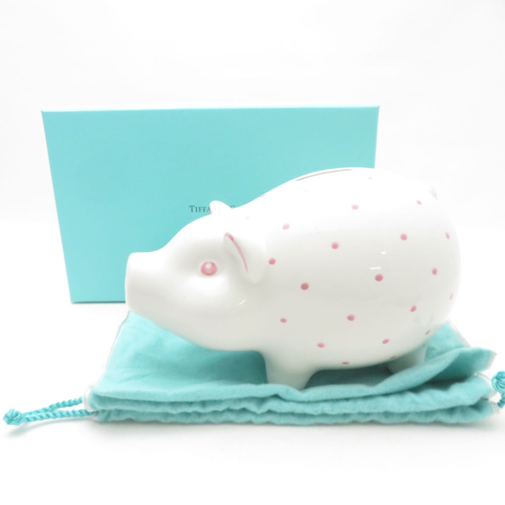 美品 TIFFANY＆Co. ティファニー ピギーバンク 貯金箱 陶器 ピンクドット柄 白 豚 インテリア 雑貨 SU13489J2 【中古】