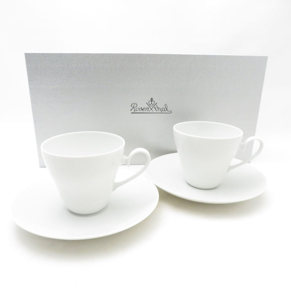 未使用 Rosenthal ローゼンタール ロマンスホワイト コーヒーカップ＆ソーサー 2客 ペア 珈琲 テーブルウェア 白磁 エンボス SU13547V2 【中古】