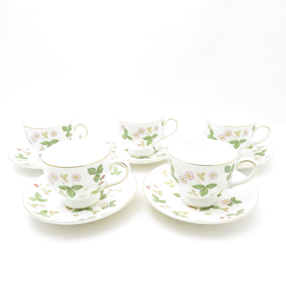WEDGWOOD ウェッジウッド ワイルドストロベリー ティーカップ＆ソーサー 5客 セット リー 黒壺 旧刻印 SC10111J1 【中古】