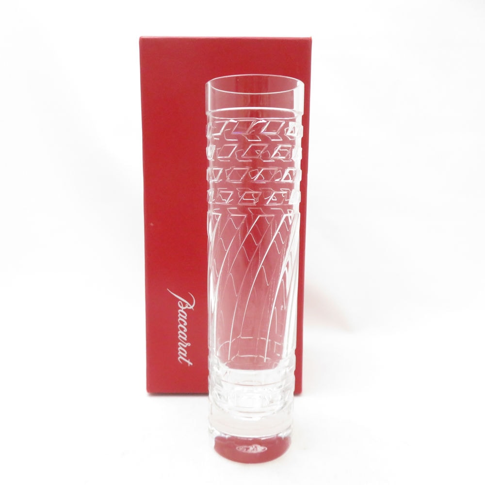 美品 Baccarat バカラ ヴェース ライン カット 格子 一輪挿し クリスタル フラワーベース 花瓶 H20 置物 インテリア SU13947A2 【中古】