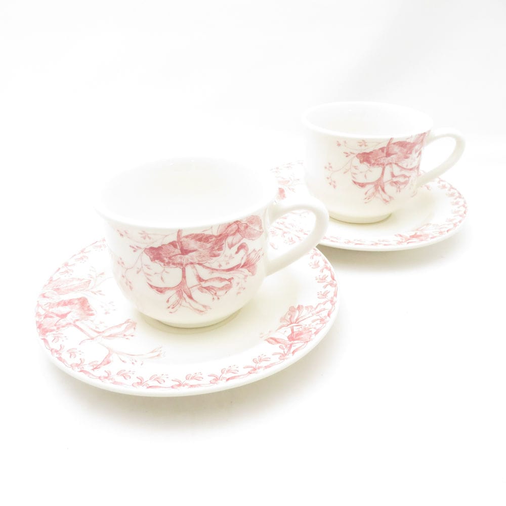 美品 Gien ジアン Chevrefeuille スイカズラ ティーカップ＆ソーサー 2客 ペア 希少 レア 花柄 フラワー SC9958S2 【中古】