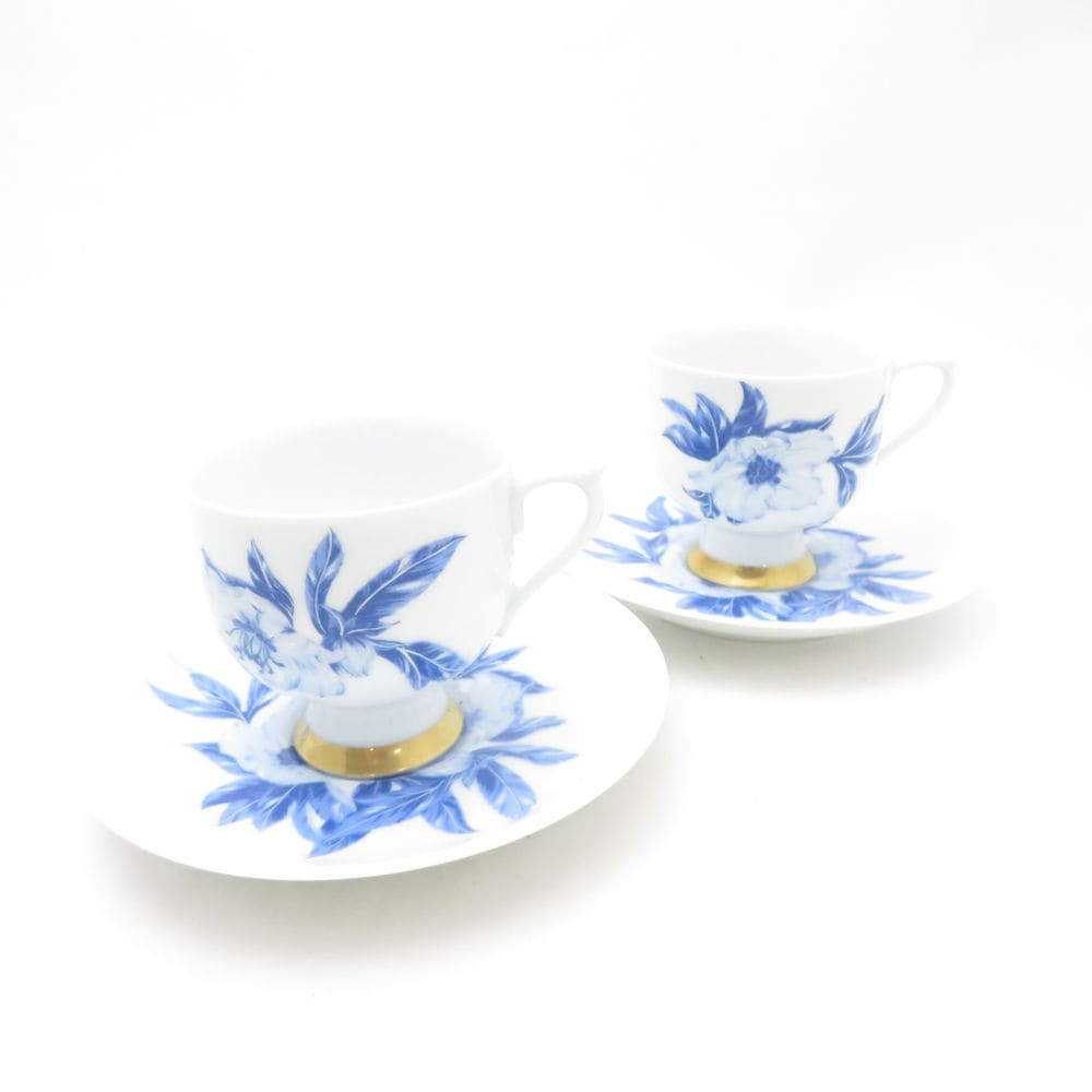 未使用 Fukagawa Seiji 深川製磁 オリエンタルブルー コーヒーカップ＆ソーサー 2客 ペア 花柄 SC10266Q1 【中古】