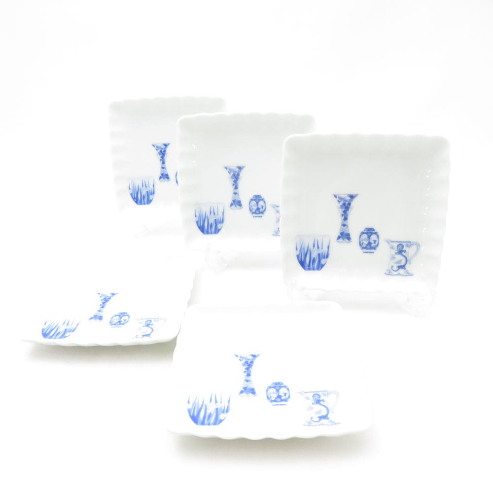 美品 Fukagawa Seiji 深川製磁 ブルーチャイナ スクエアプレート 5枚 セット 11cm 小皿 SC10270Q1 【中古】