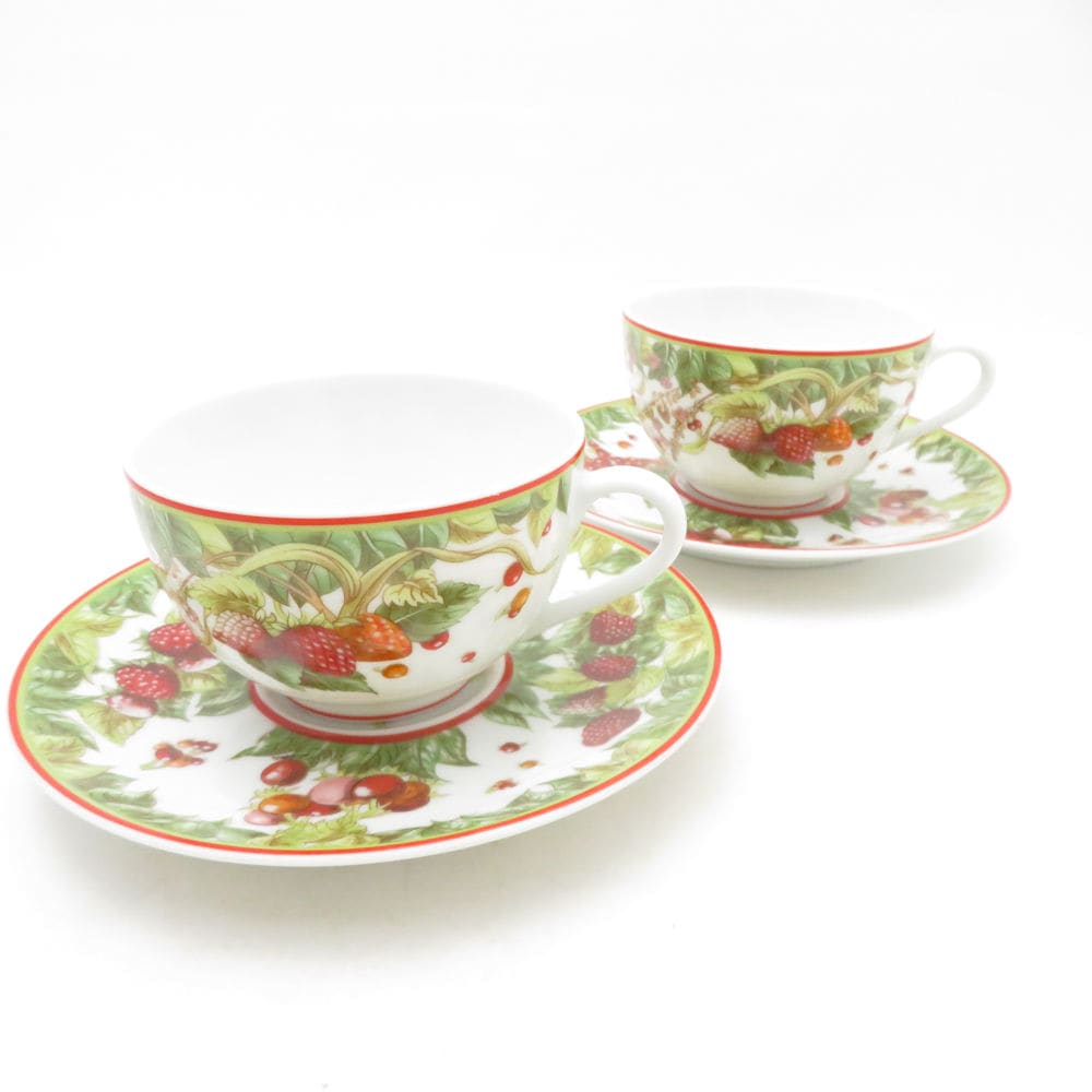 美品 HERMES エルメス ピタゴラス ティーカップ＆ソーサー 2客 ペア 果実柄 廃盤 希少 レア SC10502K1 【中古】