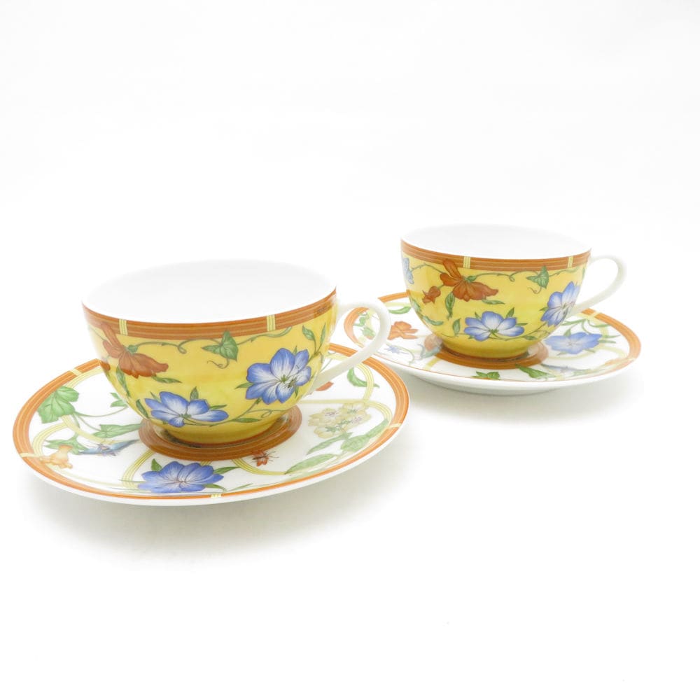 美品 HERMES エルメス シエスタ ティーカップ＆ソーサー 2客 ペア 花鳥柄 果実 フルーツ SC10503K1 【中古】