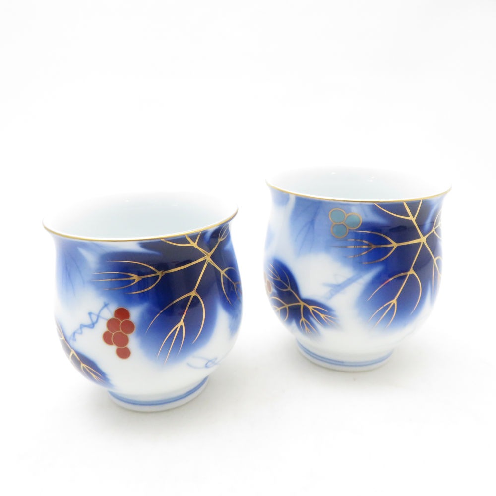 美品 Fukagawa Seiji 深川製磁 染錦ブドー 組湯呑 2点 ペア 有田焼 湯飲み SC10380F2 【中古】