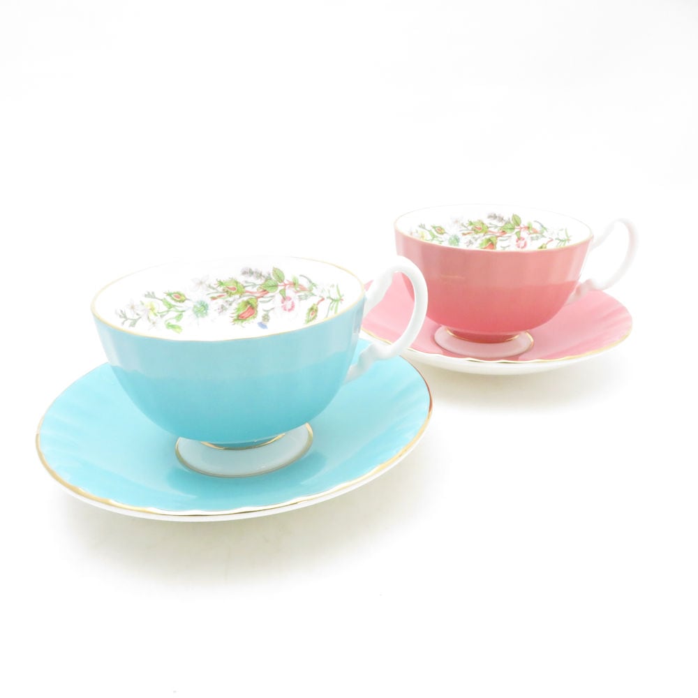 美品 Aynsley エインズレイ ワイルドチューダー ティーカップ＆ソーサー 2客 ペア 花柄 ターコイズ ピンク SC10356G2 【中古】