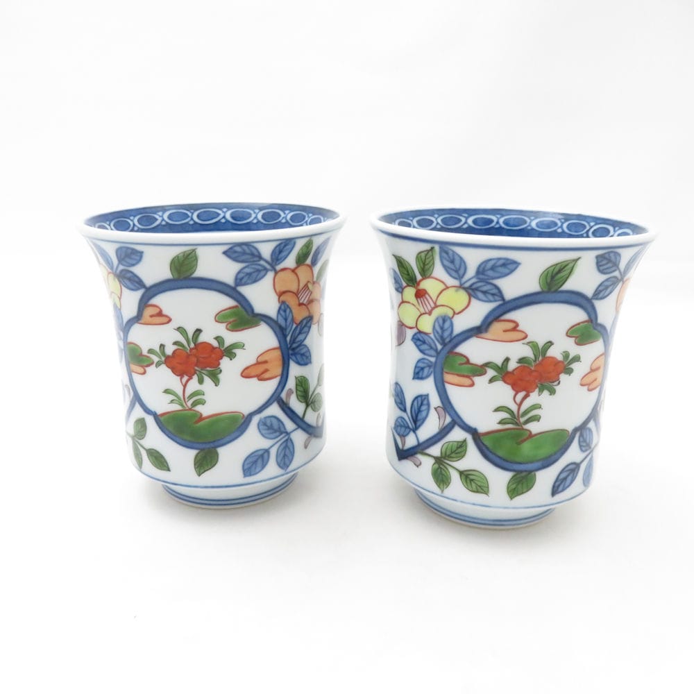 美品 源右衛門窯 古伊万里風椿絵 湯呑 2点 ペア 煎茶 色絵 有田焼 和食器 SU13736A2 【中古】