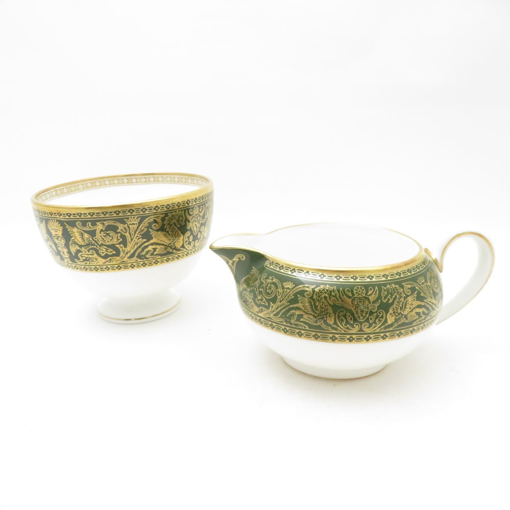  WEDGWOOD ウェッジウッド フロレンティーン グリーンゴールド クリーマー＆シュガーボウル 2点 セット ミルク クリーム 黒壺 旧刻印 SC10522C2 【中古】