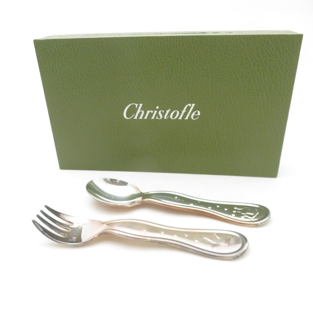美品 Christofle クリストフル ベビー カトラリー 2点 シルバーメッキ セット スプーン フォーク 王冠 SC10499L1 【中古】