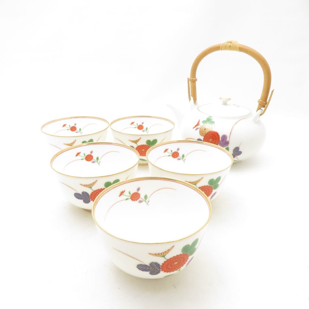 美品 kouransya 香蘭社 菊紋 急須＆湯呑 6点 セット 茶器揃 花 和食器 白磁 金縁 色絵 SC10896P1 【中古】