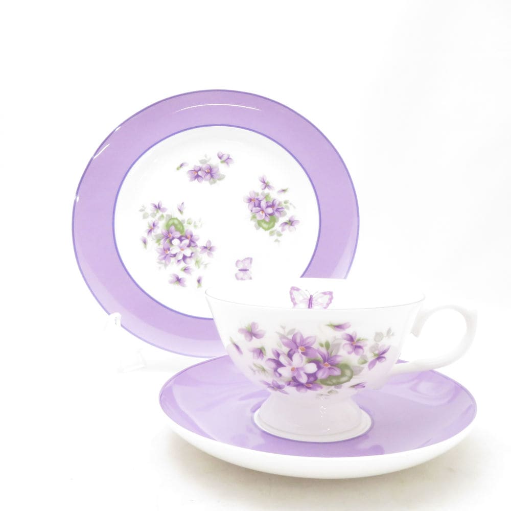 美品 Aynsley エインズレイ イングリッシュバイオレット ティーカップ＆ソーサー ティープレート 2点 1セット アセンズ 皿 英国 スミレ 蝶 SU13865B3 【中古】