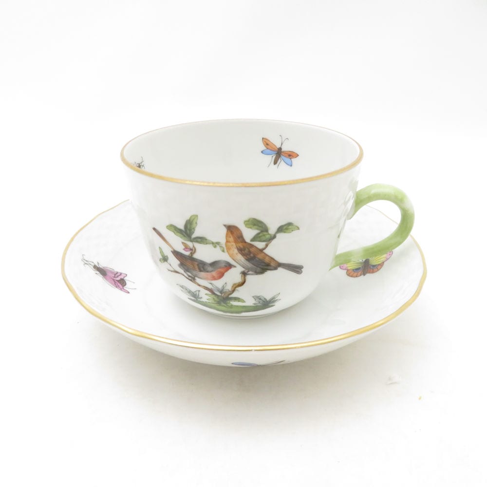 美品 Herend ヘレンド ロスチャイルドバード RO 1728 デミタス カップ＆ソーサー モカ 珈琲碗皿 金彩 鳥 蝶 テーブルウェア SU13837B1 【中古】