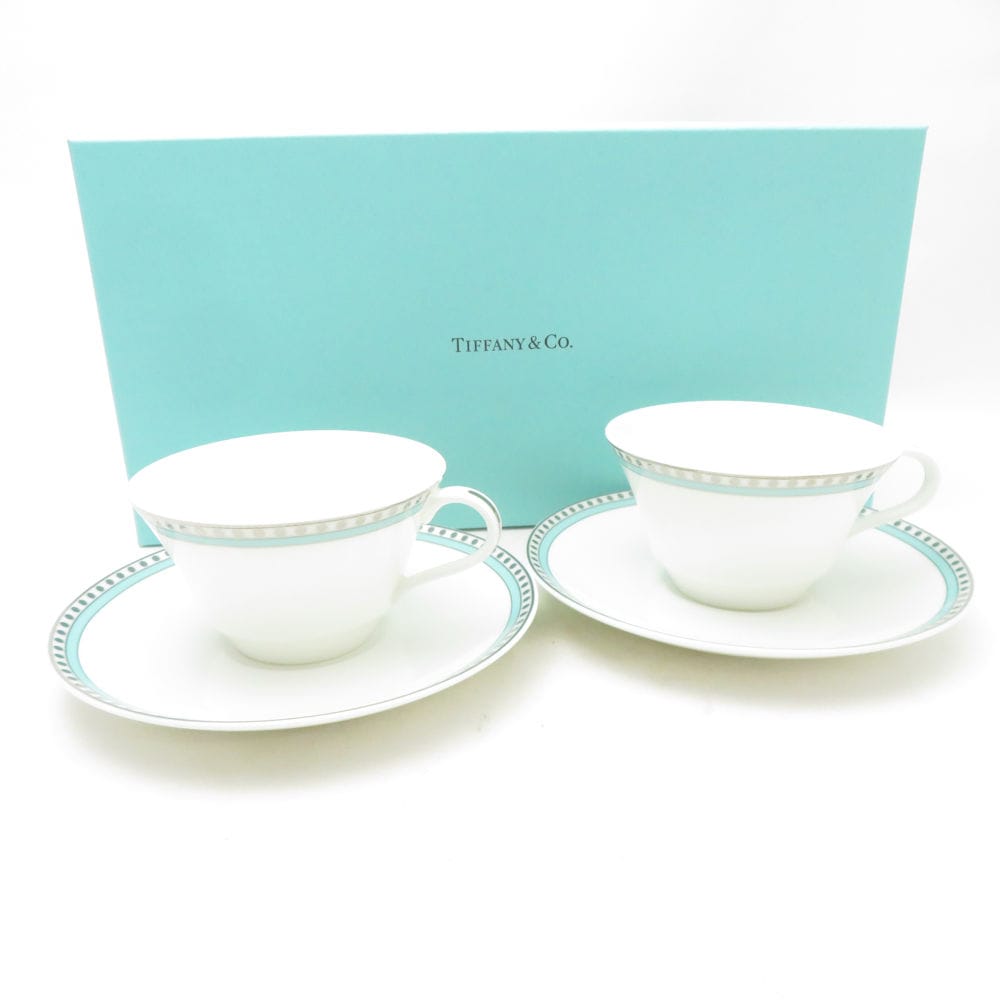 未使用 TIFFANY＆Co. ティファニー プラチナ ブルー バンド カップ＆ソーサー 2客 SU13850D1 【中古】