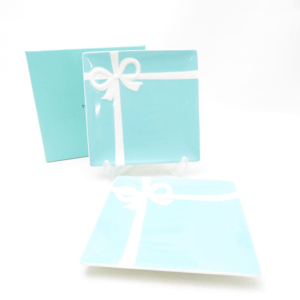 未使用 TIFFANY＆Co. ティファニー ブルーボウ スクエアプレート 2枚 ペア 14cmデザートプレート リボン 小皿 SU13851D1 【中古】