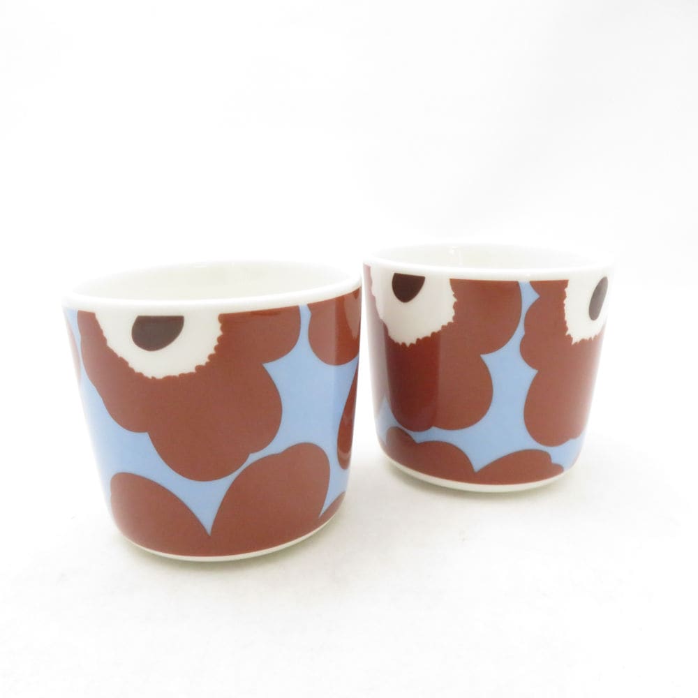 未使用 marimekko マリメッコ UNIKKO ウニッコ ラテマグ 2点 陶器 ペア カップ ブルー×ブラウン SC10744V1 【中古】