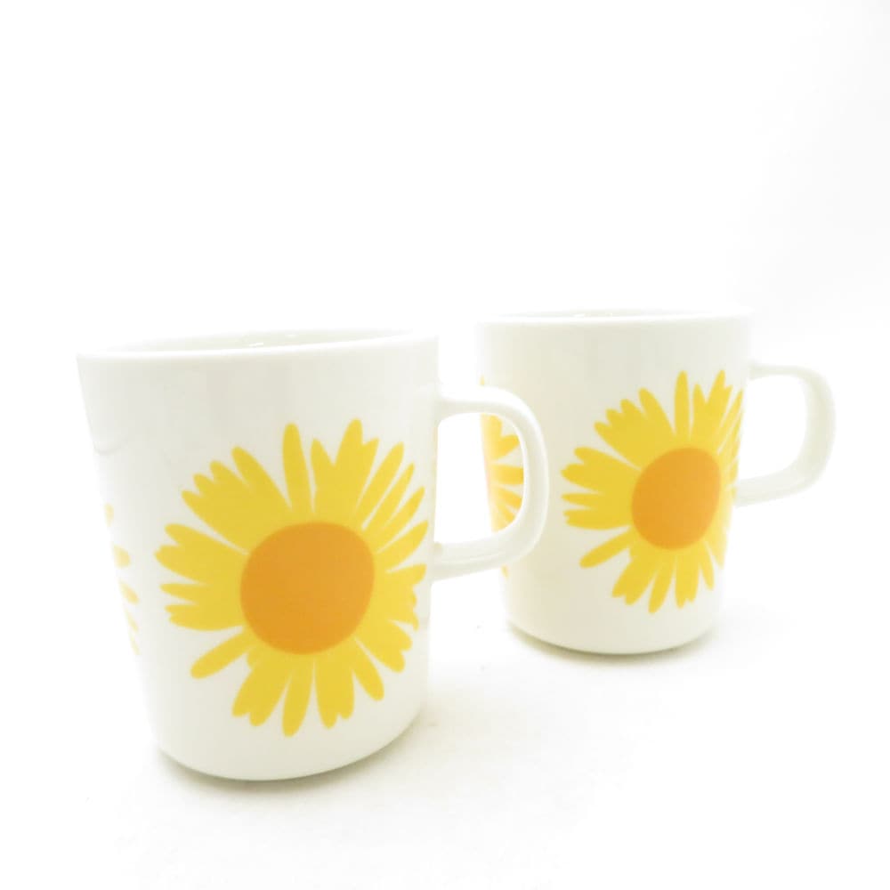 未使用 marimekko マリメッコ AURINGONKUKKA アウリンゴンクッカ マグカップ 2点 陶器 ペア コップ ひまわり 向日葵 北欧 SC10747V1 【中古】