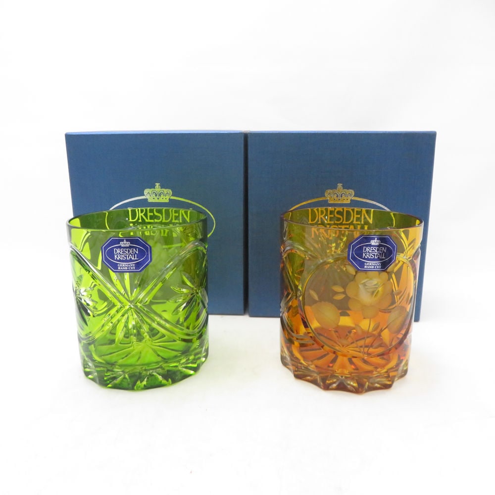 美品 DRESDEN KRISTALL ドレスデンクリスタル シンフォニーローズ タンブラー 2点 セット グラス ライム/イエロー SC10678K1 【中古】