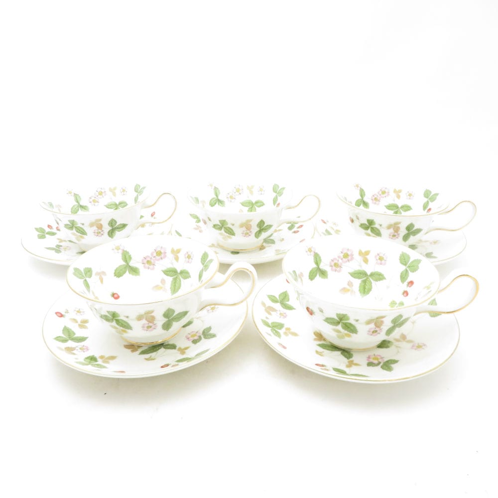 WEDGWOOD ウェッジウッド ワイルドストロベリー ティーカップ＆ソーサー 5客 セット ピオニー 黒壺 旧刻印 SC10650J1 【中古】