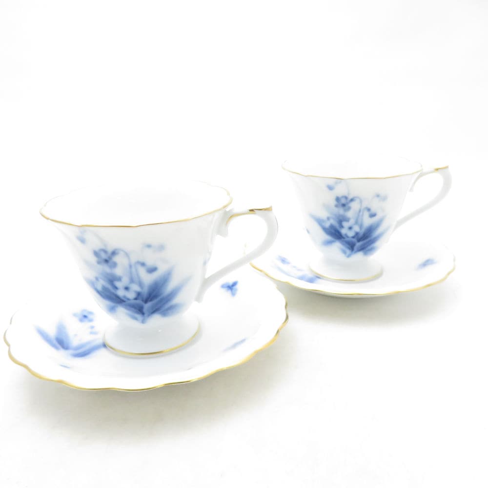OKURA 大倉陶園 ブルーバイオレット コーヒーカップ＆ソーサー 2客 ペア すみれ スミレ 花 金彩 碗皿 珈琲 SU13800X1 【中古】
