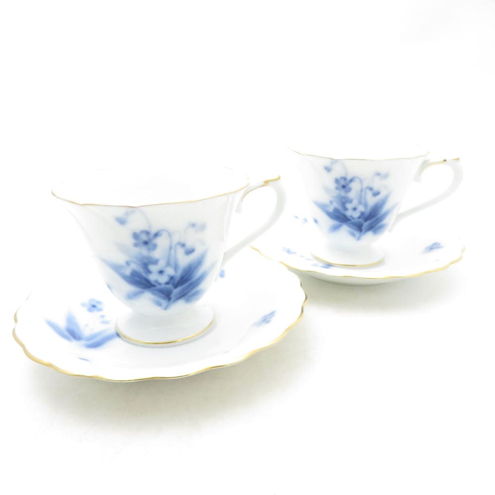 美品 OKURA 大倉陶園 ブルーバイオレット コーヒーカップ＆ソーサー 2客 ペア すみれ スミレ 花 金彩 碗皿 珈琲 SU13801X1 【中古】
