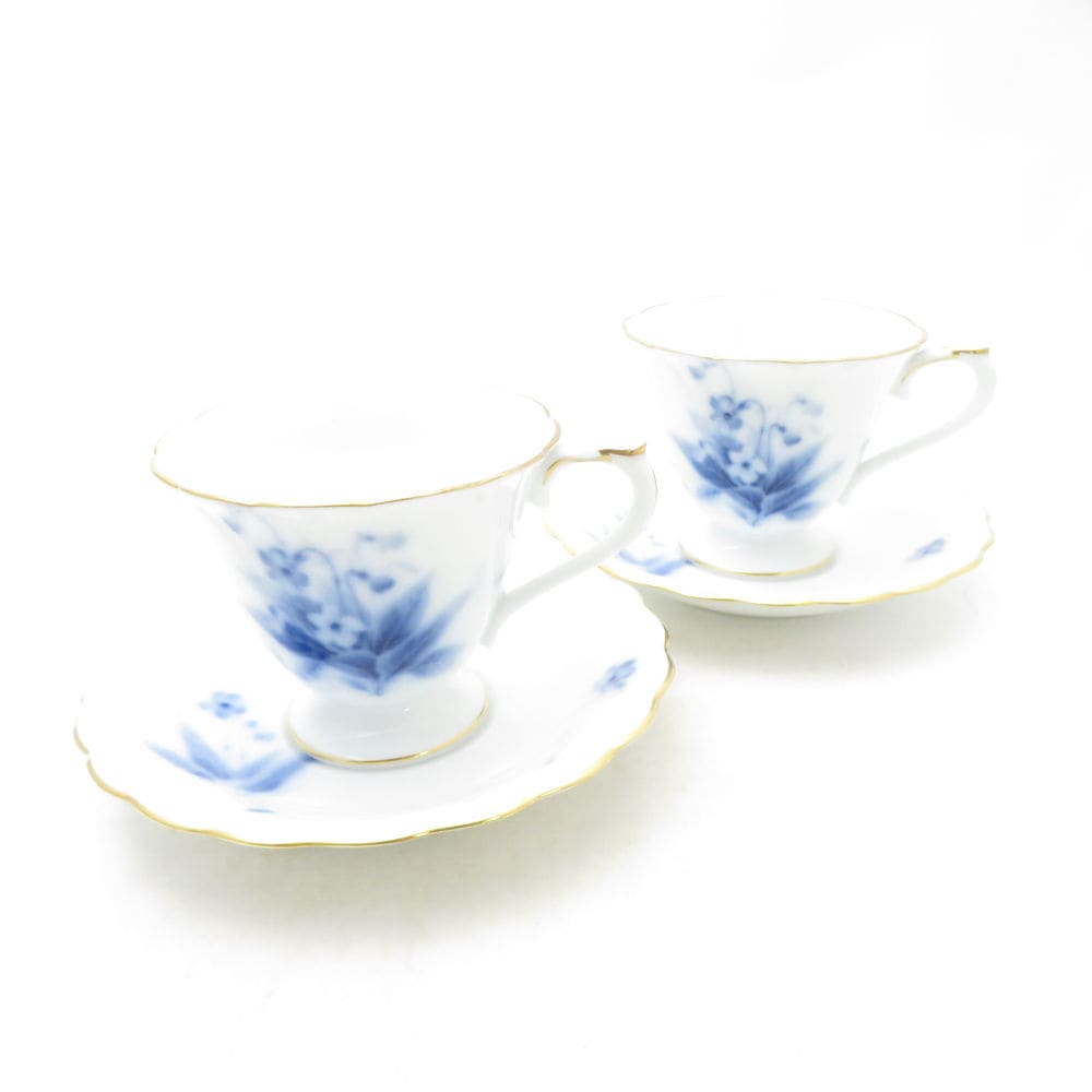 美品 OKURA 大倉陶園 ブルーバイオレット コーヒーカップ＆ソーサー 2客 ペア すみれ スミレ 花 金彩 碗皿 珈琲 SU13802X1 【中古】