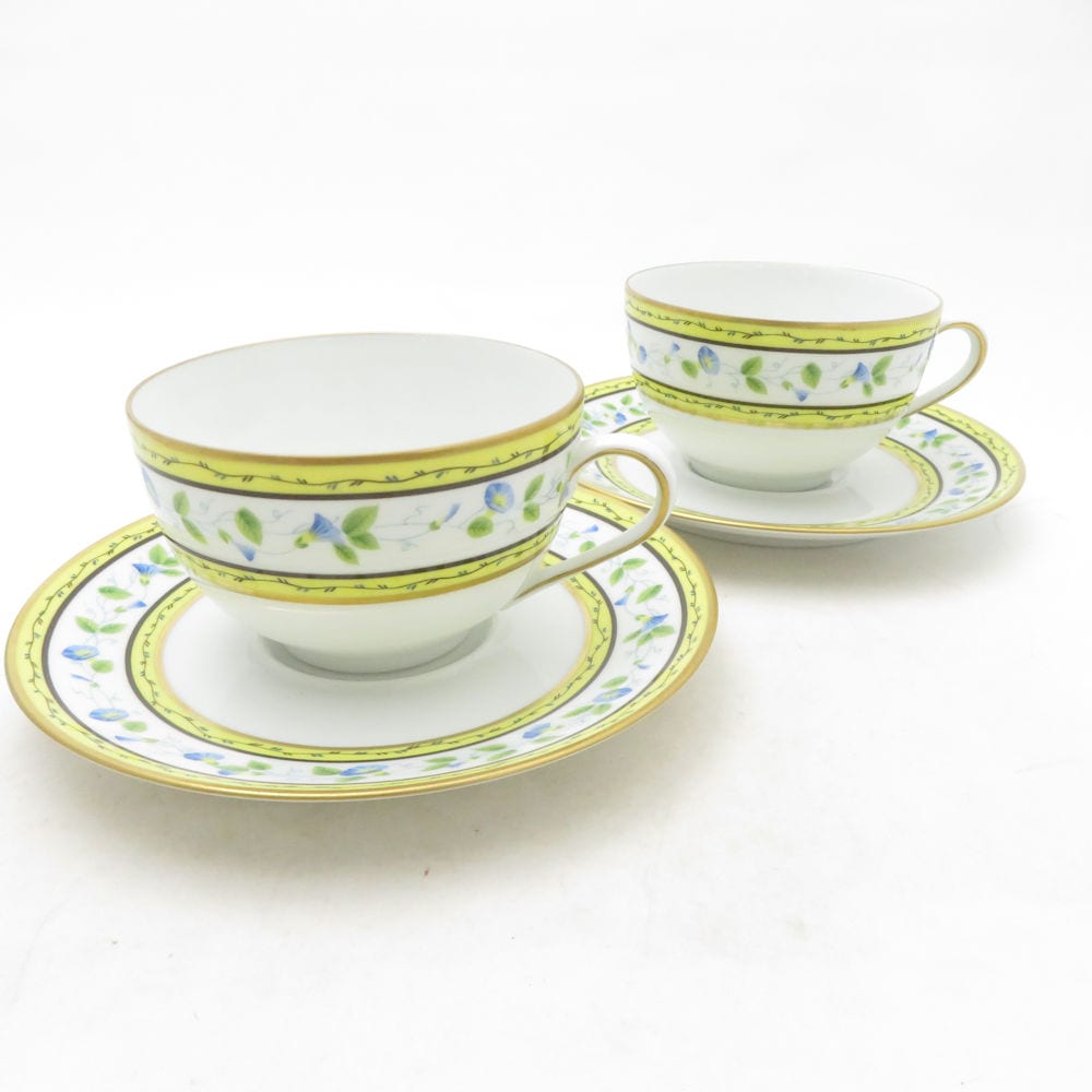RAYNAUD レイノーリモージュ モーニンググローリー ティーカップ＆ソーサー 2客 ペア 花柄 朝顔 フランス SC10786B1 【中古】