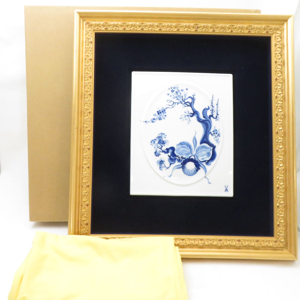 美品 MEISSEN マイセン ブルーオーキッド 824001-53n31 額装陶画 1点 陶板 プラーク ゴールド額縁 壁掛け SU13888Z 【中古】