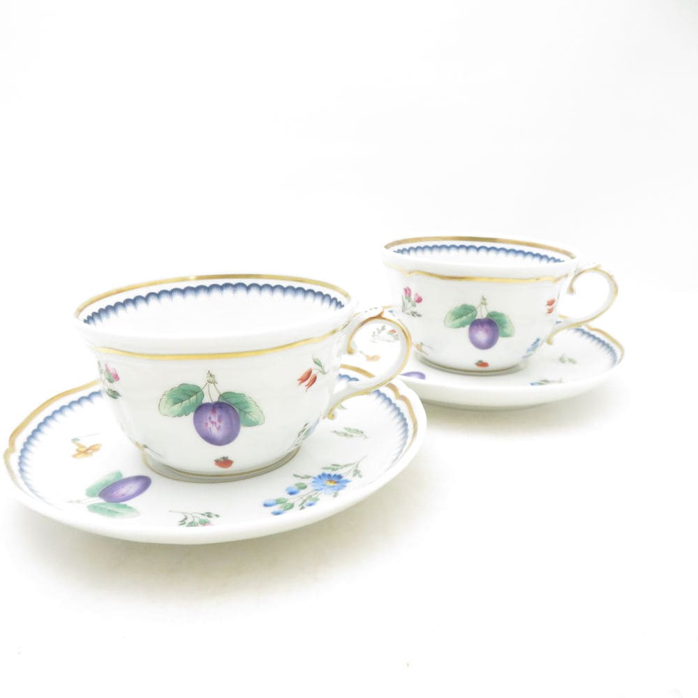 美品 Richard Ginori リチャードジノリ イタリアンフルーツ ティーカップ＆ソーサー 2客 ペア 紅茶 金彩 果物 花柄 SU13936V2 【中古】