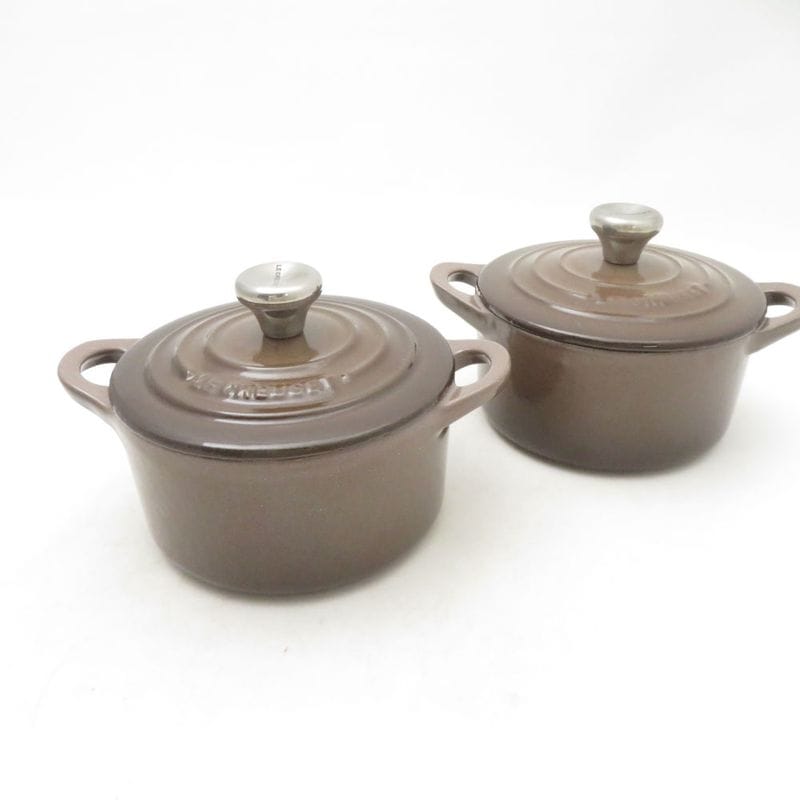 美品 Le Creuset ルクルーゼ ミニココット 2点 ペア 約10cm ストーンウェア 茶 SC11039L1 【中古】