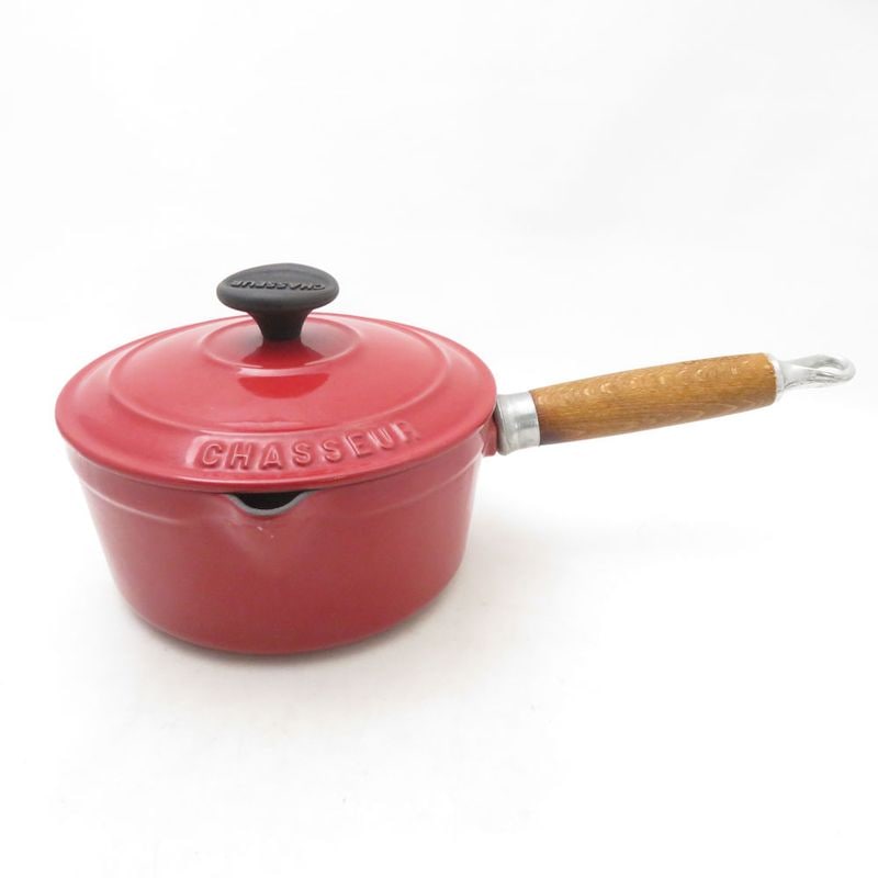 美品 CHASSEUR シャスール 片手鍋 18cm ソースパン 蓋付 木製ハンドル 料理 SU14232 【中古】