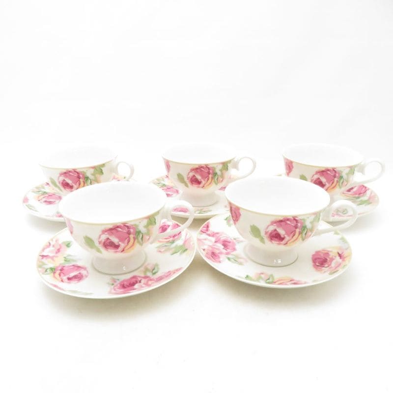 美品 LAURA ASHLEY ローラアシュレイ クチュールローズ ティーカップ＆ソーサー 5客 ポーセリン セット 紅茶 英国 日本製 薔薇 バラ ばら SU14178F2 【中古】