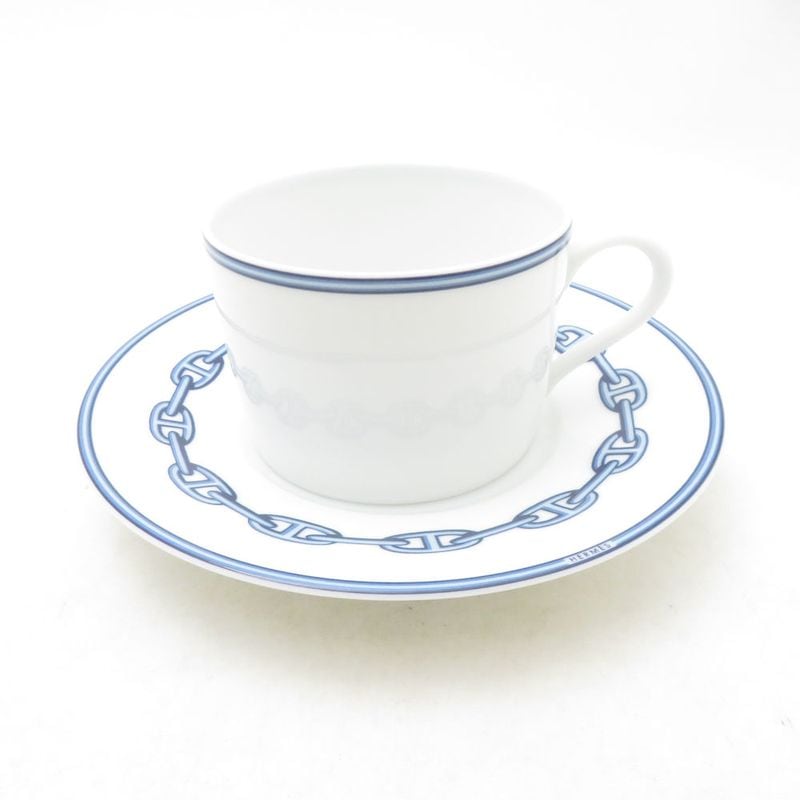 美品 HERMES エルメス シェーヌダンクル ブルー ティーカップ＆ソーサー SC11049D2 【中古】
