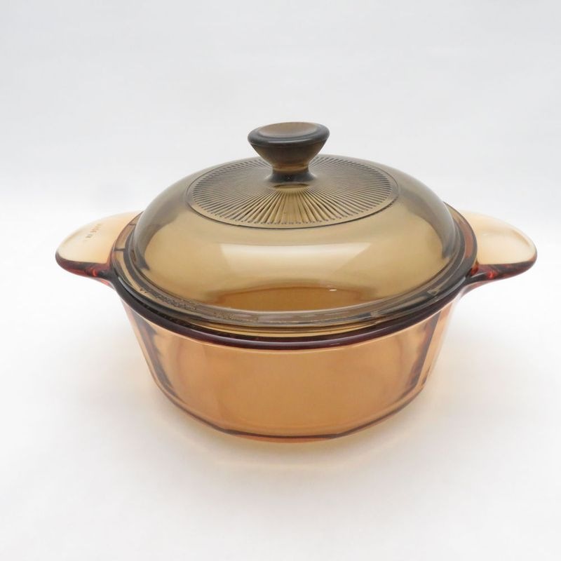 美品 CORNING コーニング キャセロール 16cm 耐熱ガラス鍋 料理 茶色 フランス SU14387H2 【中古】