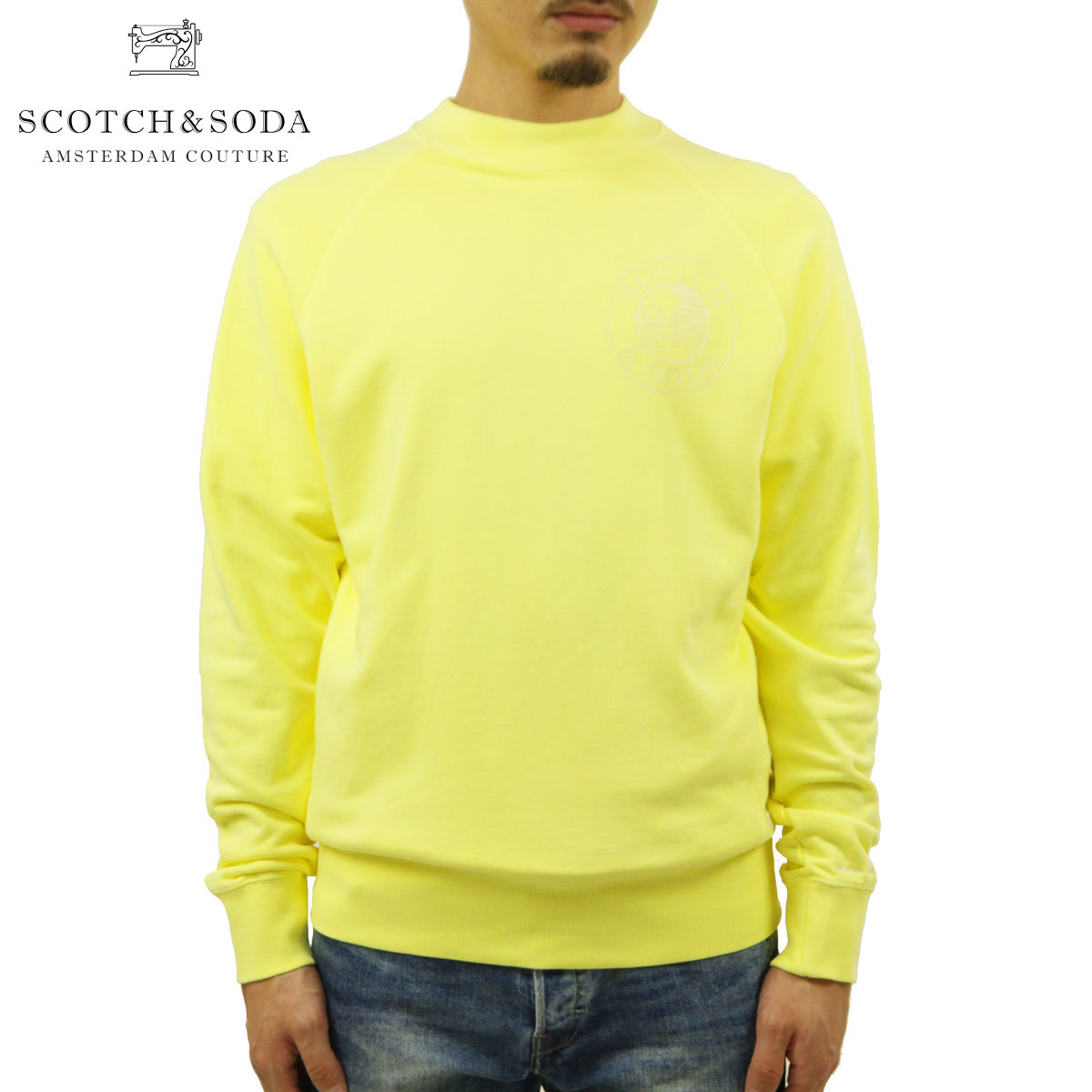 スコッチアンドソーダ スウェット メンズ 正規販売店 SCOTCH＆SODA トレーナー GARMENT-DYED CREWNECK SWEAT WITH ARTWORK 155272 3502 BAMBOO YELLOW クリスマス プレゼント ラッピング スコッチアンドソーダ スウェット メンズ 正規販売店 SCOTCH＆SODA