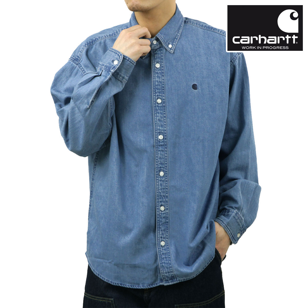 �����ϡ��� ��� Ĺµ����� ������ CARHARTT WIP �ܥ�������� �ǥ˥ॷ��� LONG SLEEVE LUCAS SHIRT BLUE STONE WASHED I034525 0106