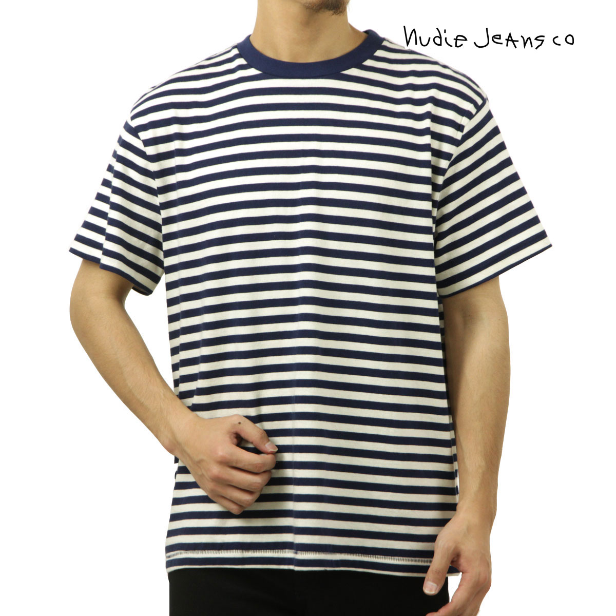 ̡ǥ  ȾµT Ź Nudie Jeans 롼ͥå ܡ LEIF CREW NECK STRIPE SHORT SLEEVE TEE OFFWHITE / BLUE W21 131886 A62B B1C C1D D1E E06F