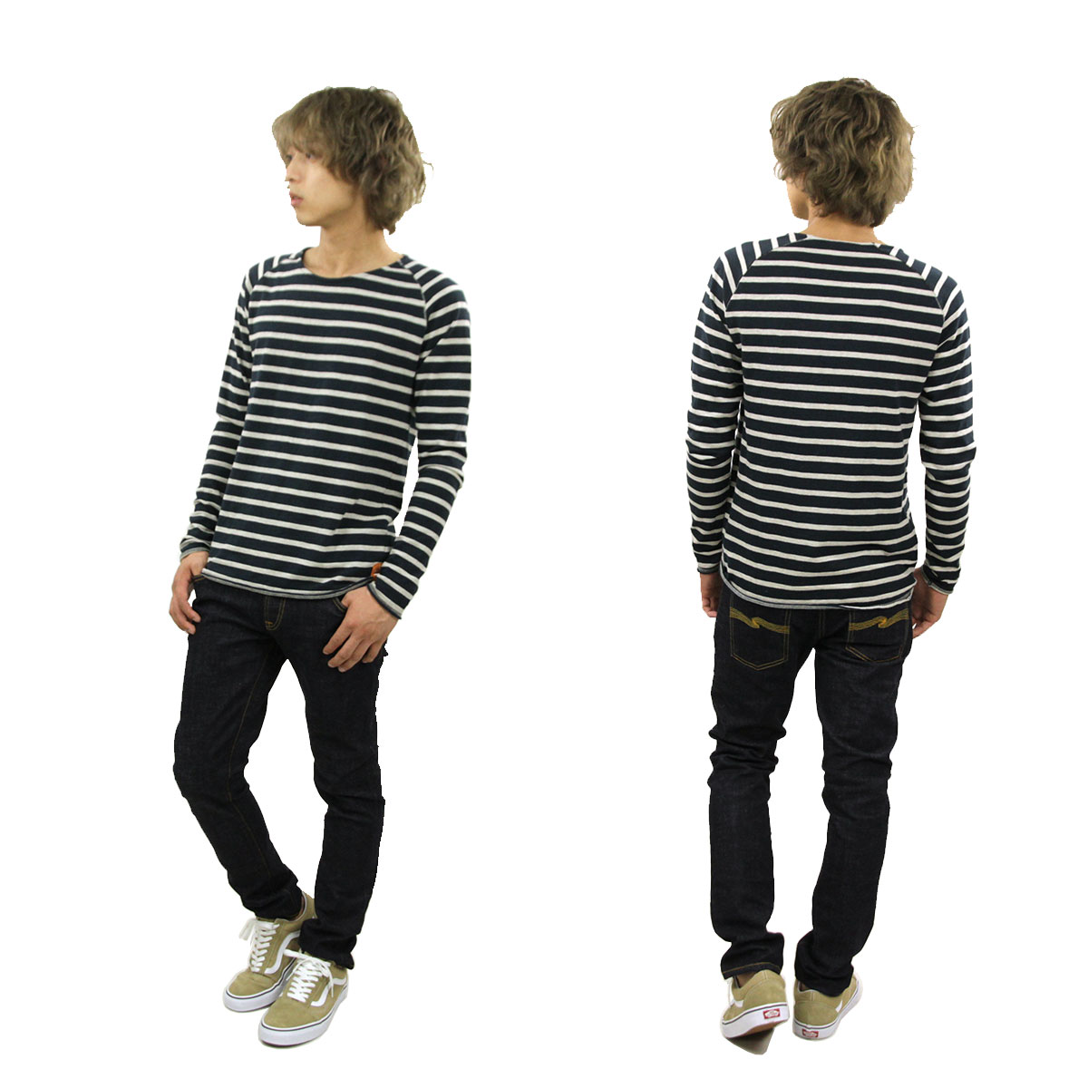 ̡ǥ T  Ź Nudie Jeans ĹµT Otto Raglan Sleeve Organic Melange Stripe 131246 Blue/Greymel D15S25
