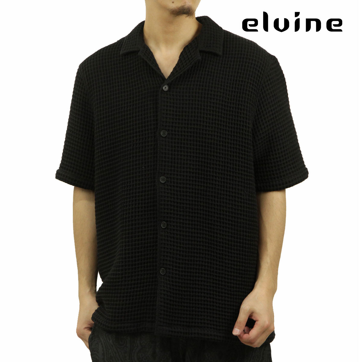 ����Х��� ��� Ⱦµ����� ��������Ź ELVINE �ܥ�������� ��åե����� ���ߥ���� KILIAN RELAXED FIT WAFFLE SHORT SLEEVE SHIRT 330771 110 BLACK