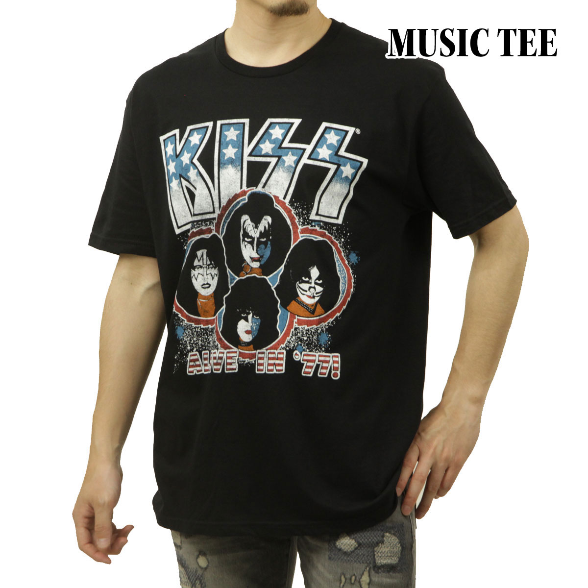 �ߥ塼���å��ƥ� ��� �Х��T����� ������ MUSIC TEE Ⱦµ ���å�T����� ���å� ���饤�֡�����77 KISS ALIVE 77 MUSIC ROCK TEE BLACK