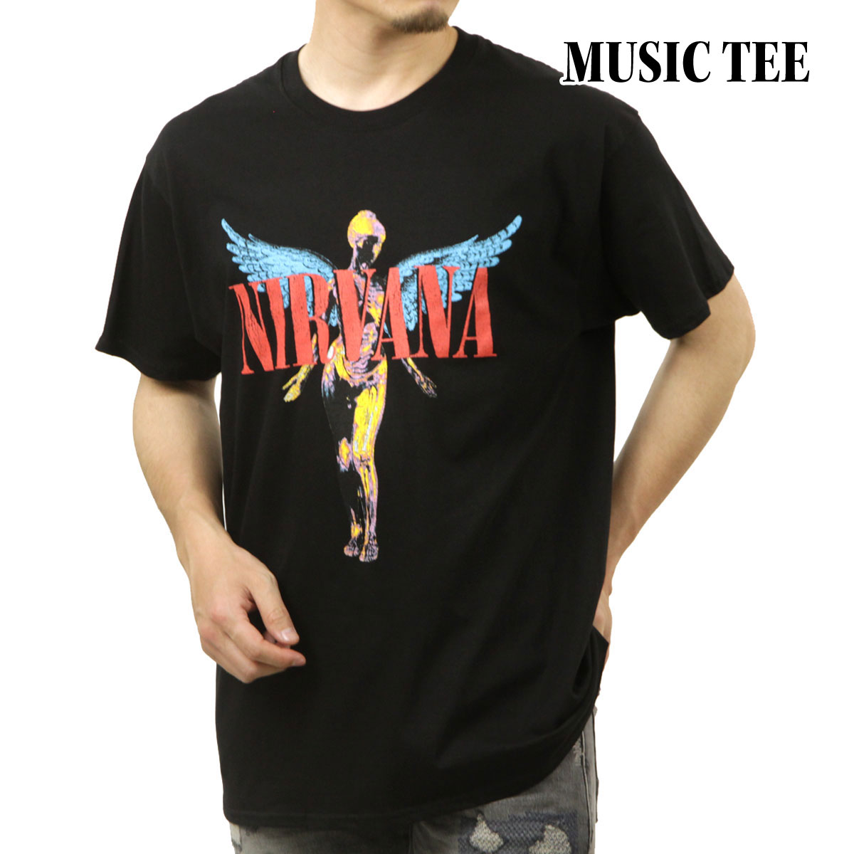 �ߥ塼���å��ƥ� ��� �Х��T����� ������ MUSIC TEE Ⱦµ ���å�T����� �˥�������� NIRVANA ANGELIC MUSIC ROCK TEE BLACK AB5B B1C C1D D1E E13F