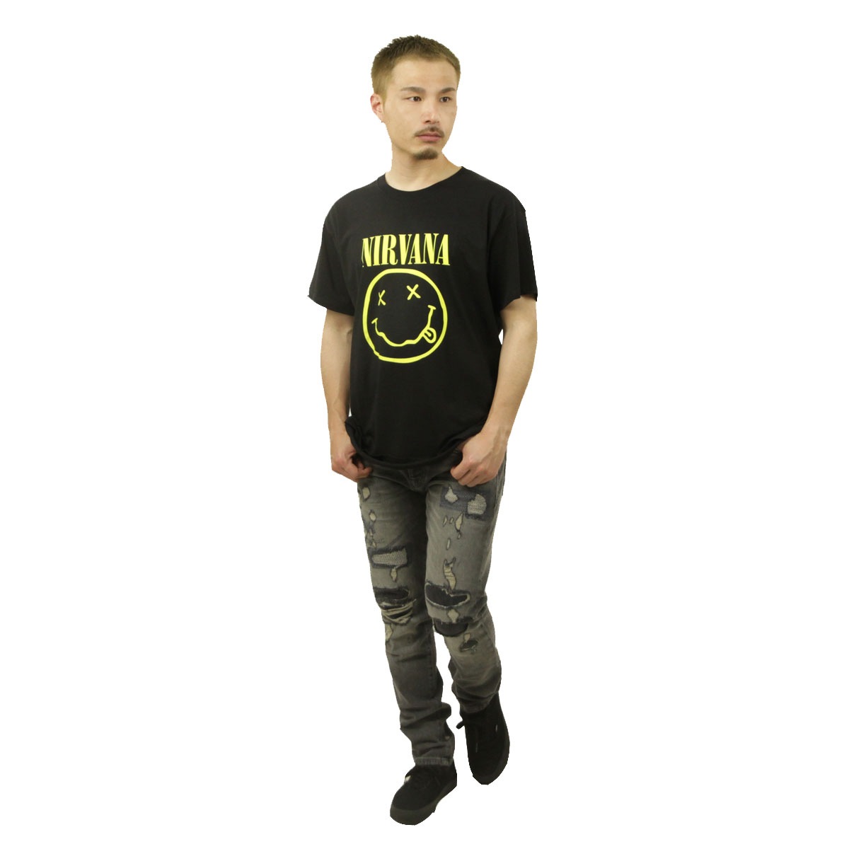 �ߥ塼���å��ƥ� ��� �Х��T����� ������ MUSIC TEE Ⱦµ ���å�T����� �˥�������� NIRVANA HAPPY FACE MUSIC ROCK TEE BLACK AB5B B1C C1D D1E E13F