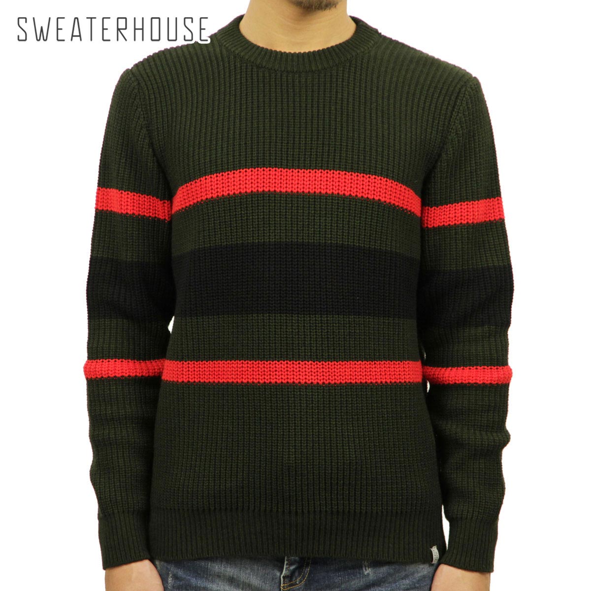 ���������ϥ��� SWEATER HOUSE ��������Ź ��� ���롼�ͥå��������� CREW NECK STRIPE KNIT SWEATER 1KN1477 6007 042 DARK GREEN A12B B1C C1D D7E E08F