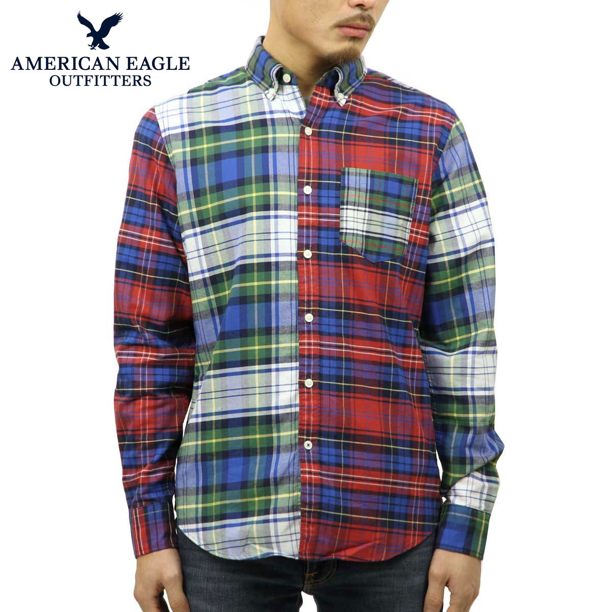 ����ꥫ�󥤡����� ����� ��� ������ AMERICAN EAGLE Ĺµ����� �ܥ�������󥷥��  AEO PATCHWORK OXFORD SHIRT 0153-9836-900 A04B B1C C1D D6E E07F